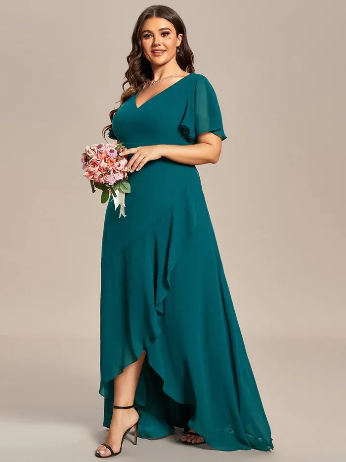 V Neck High Low Ruffles Chiffon Plus Size Evening Dress