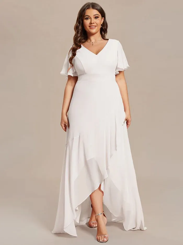 V Neck High Low Ruffles Chiffon Plus Size Evening Dress