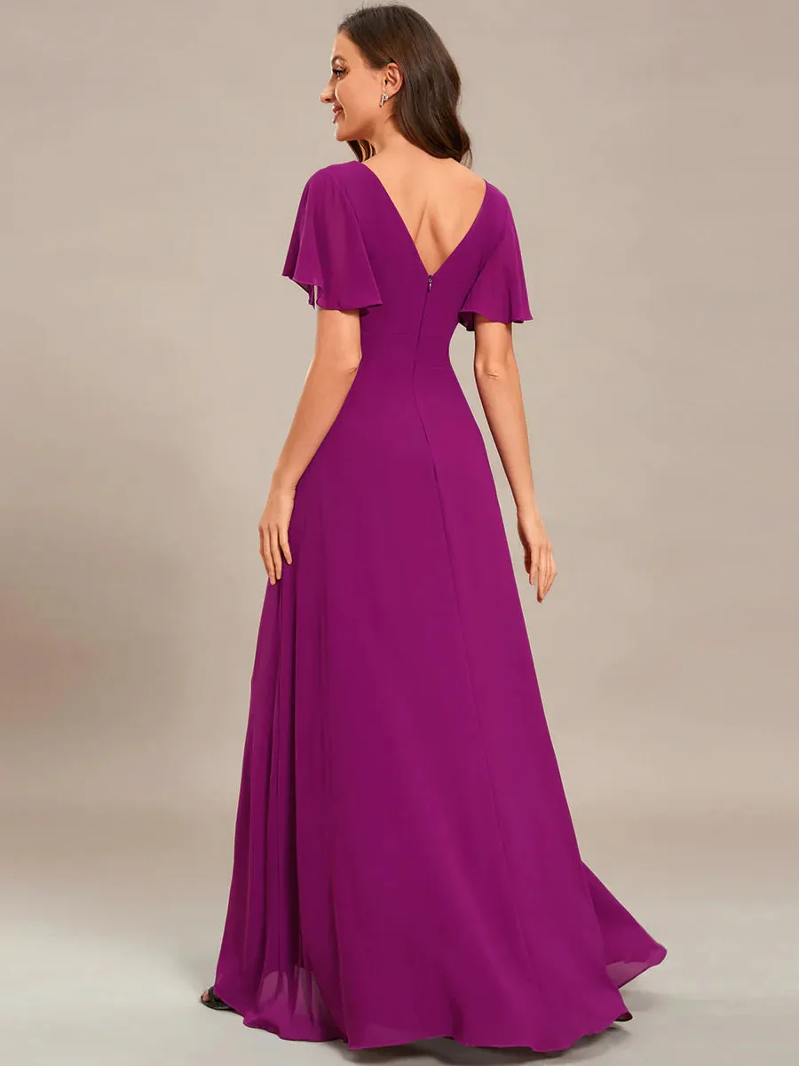 V Neck High Low Ruffles Chiffon Plus Size Evening Dress