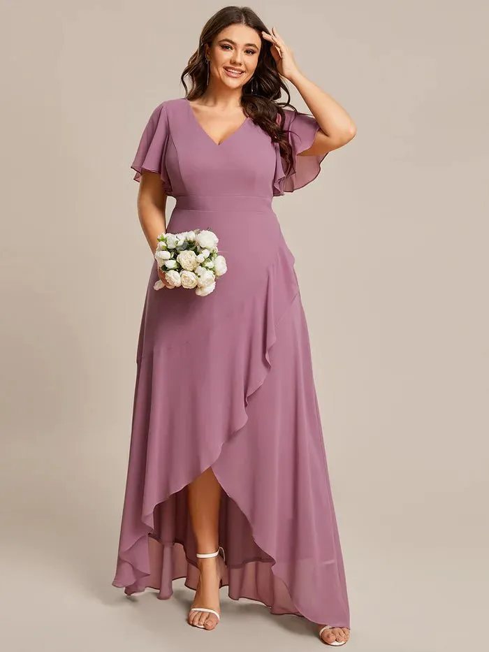 V Neck High Low Ruffles Chiffon Plus Size Evening Dress