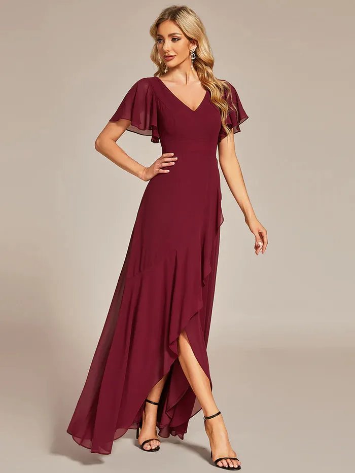 V Neck High Low Ruffles Chiffon Plus Size Evening Dress