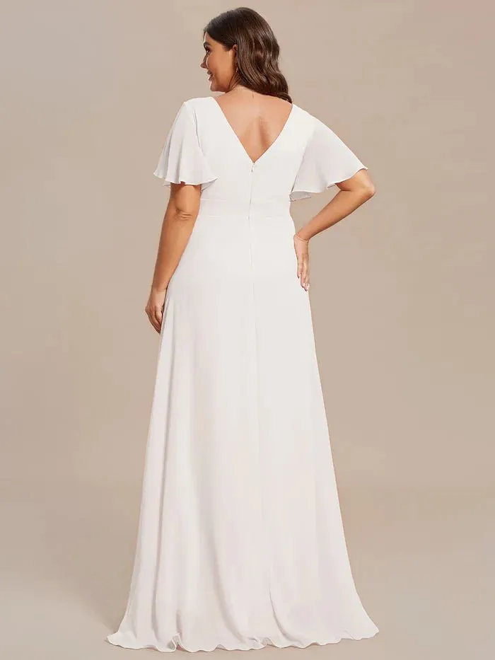 V Neck High Low Ruffles Chiffon Plus Size Evening Dress