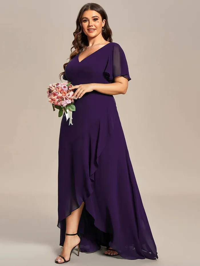 V Neck High Low Ruffles Chiffon Plus Size Evening Dress