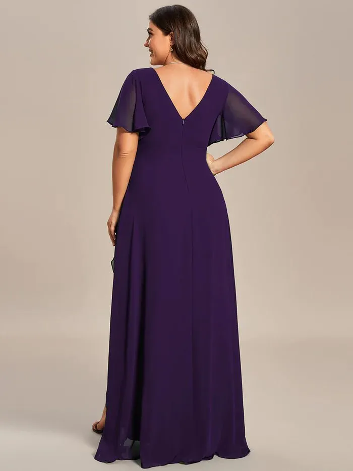V Neck High Low Ruffles Chiffon Plus Size Evening Dress