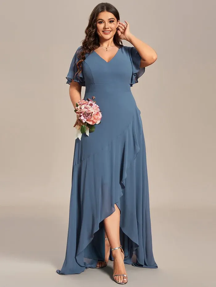 V Neck High Low Ruffles Chiffon Plus Size Evening Dress