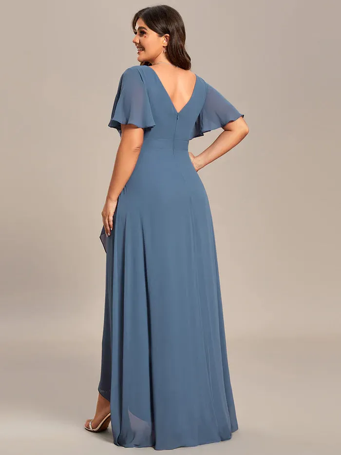 V Neck High Low Ruffles Chiffon Plus Size Evening Dress
