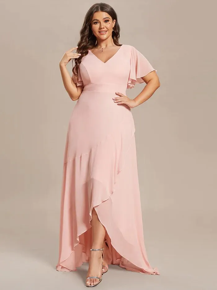 V Neck High Low Ruffles Chiffon Plus Size Evening Dress