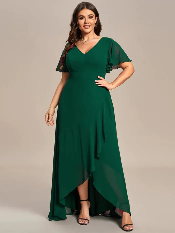 V Neck High Low Ruffles Chiffon Plus Size Evening Dress
