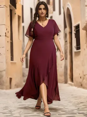 V Neck High Low Ruffles Chiffon Plus Size Evening Dress