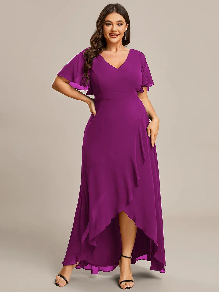 V Neck High Low Ruffles Chiffon Plus Size Evening Dress