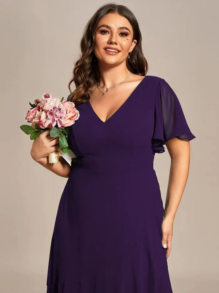 V Neck High Low Ruffles Chiffon Plus Size Evening Dress