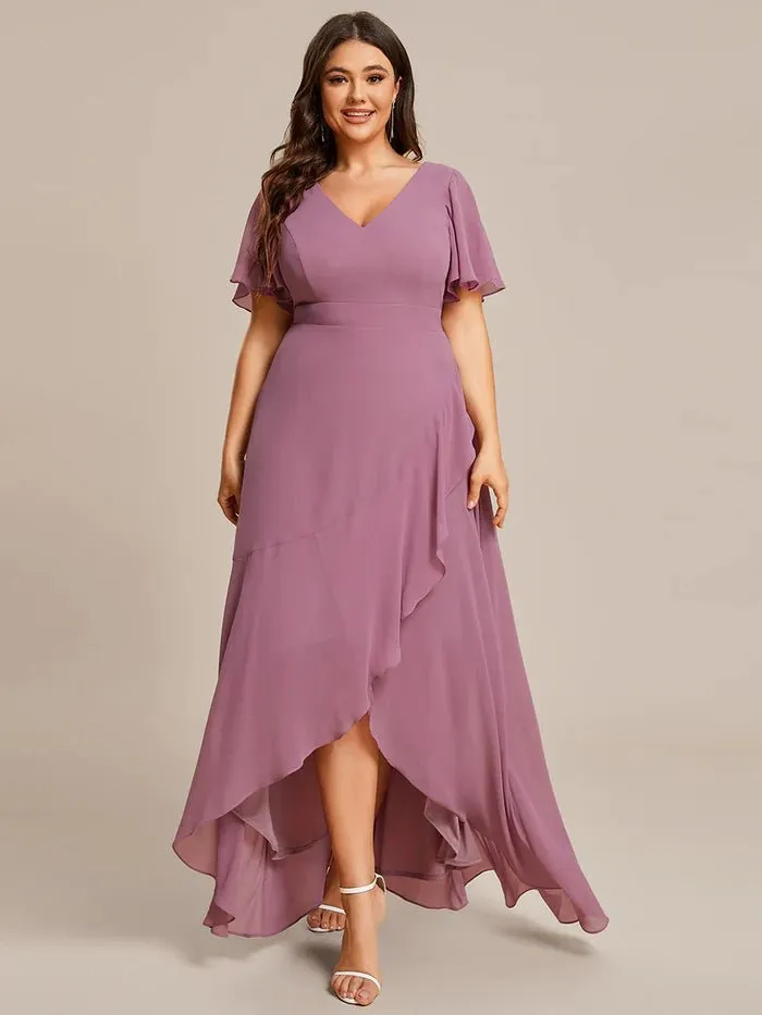 V Neck High Low Ruffles Chiffon Plus Size Evening Dress