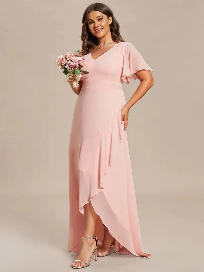 V Neck High Low Ruffles Chiffon Plus Size Evening Dress
