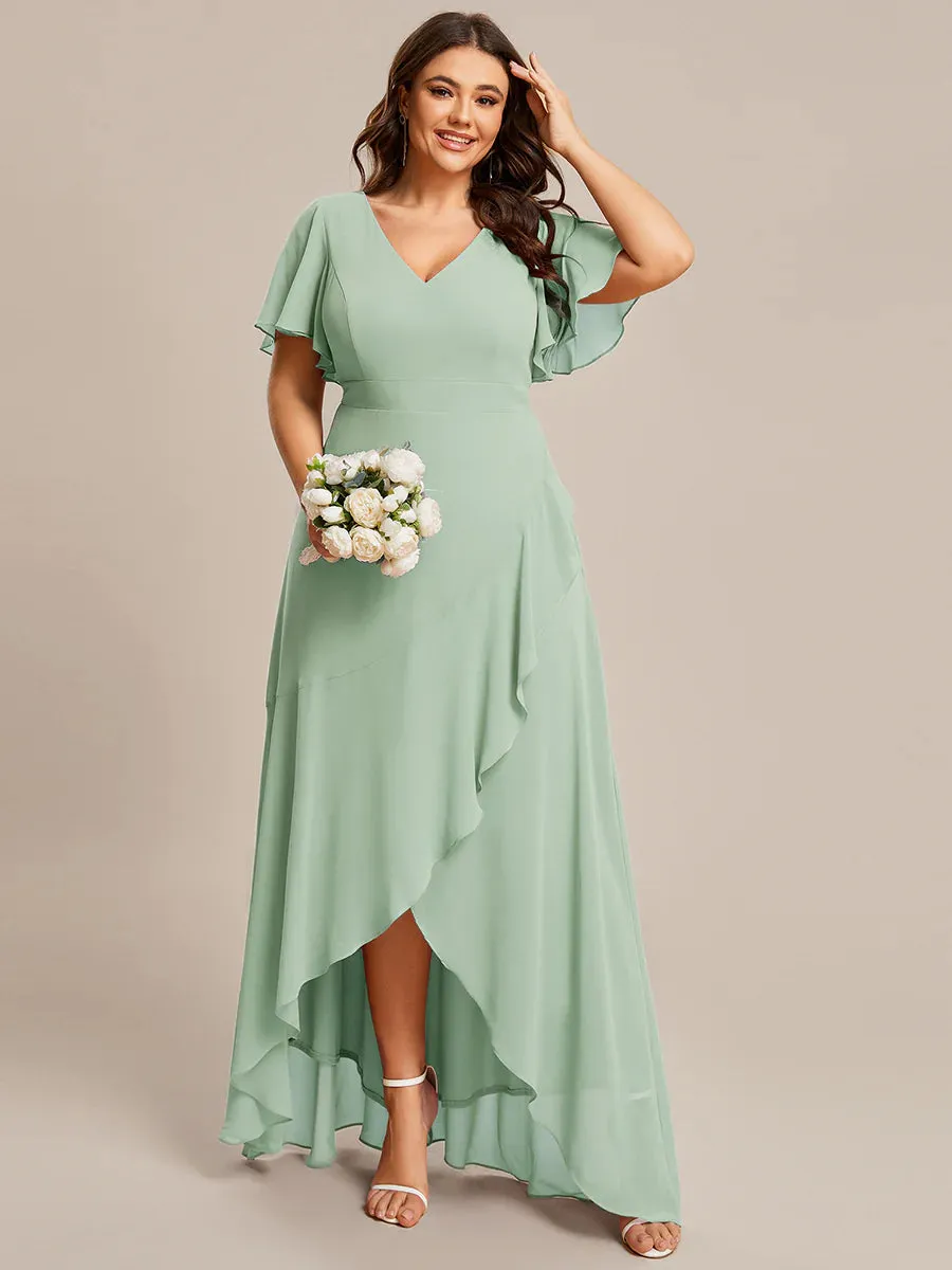 V Neck High Low Ruffles Chiffon Plus Size Evening Dress