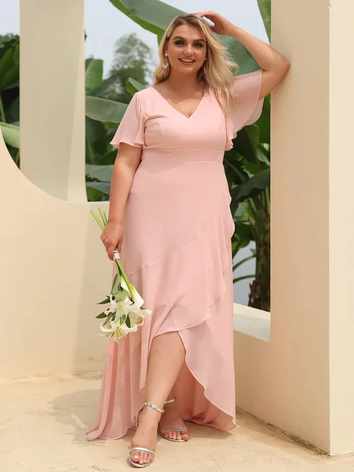 V Neck High Low Ruffles Chiffon Plus Size Evening Dress