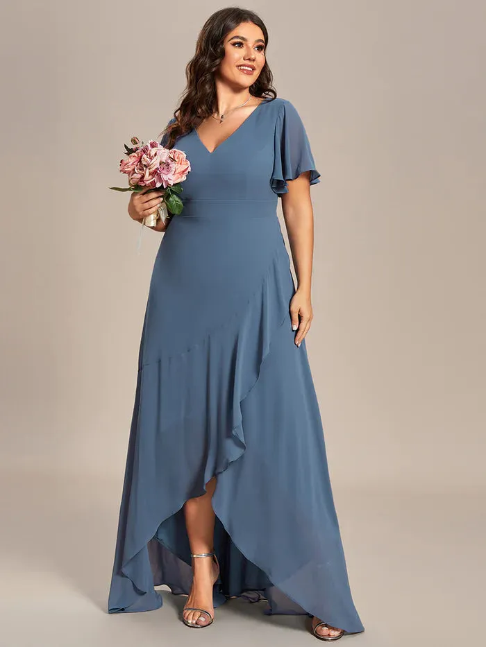 V Neck High Low Ruffles Chiffon Plus Size Evening Dress