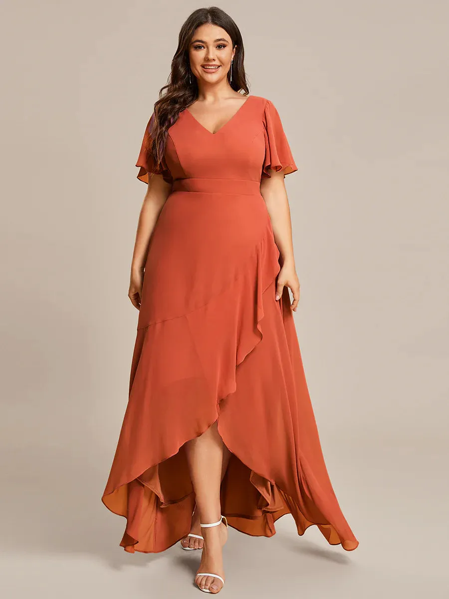 V Neck High Low Ruffles Chiffon Plus Size Evening Dress