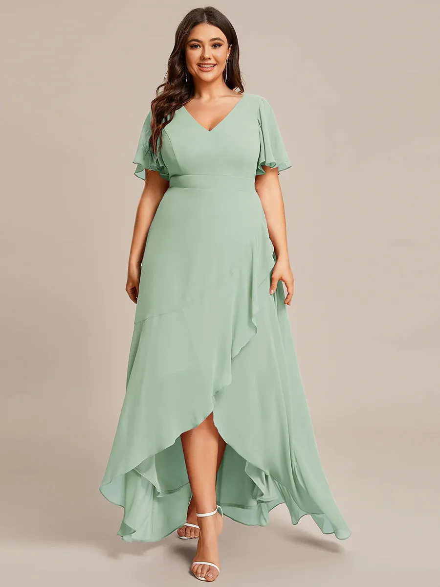 V Neck High Low Ruffles Chiffon Plus Size Evening Dress