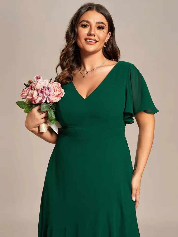 V Neck High Low Ruffles Chiffon Plus Size Evening Dress