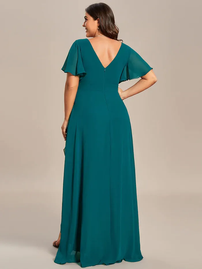 V Neck High Low Ruffles Chiffon Plus Size Evening Dress