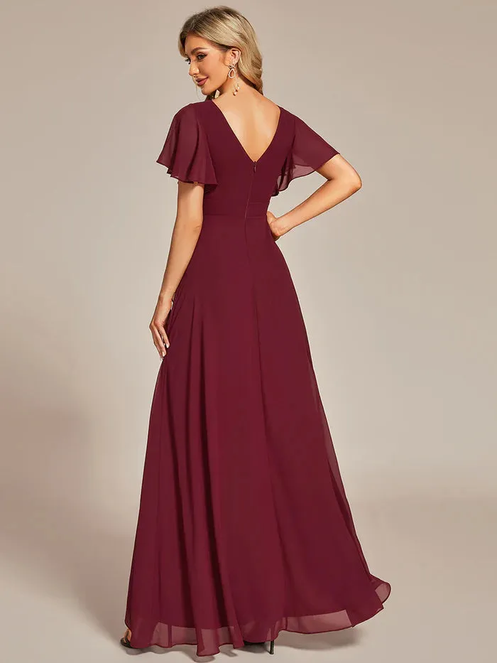 V Neck High Low Ruffles Chiffon Plus Size Evening Dress
