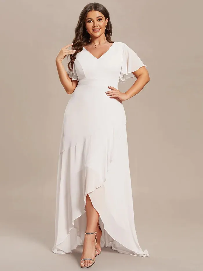 V Neck High Low Ruffles Chiffon Plus Size Evening Dress
