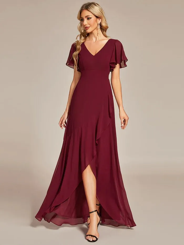 V Neck High Low Ruffles Chiffon Plus Size Evening Dress