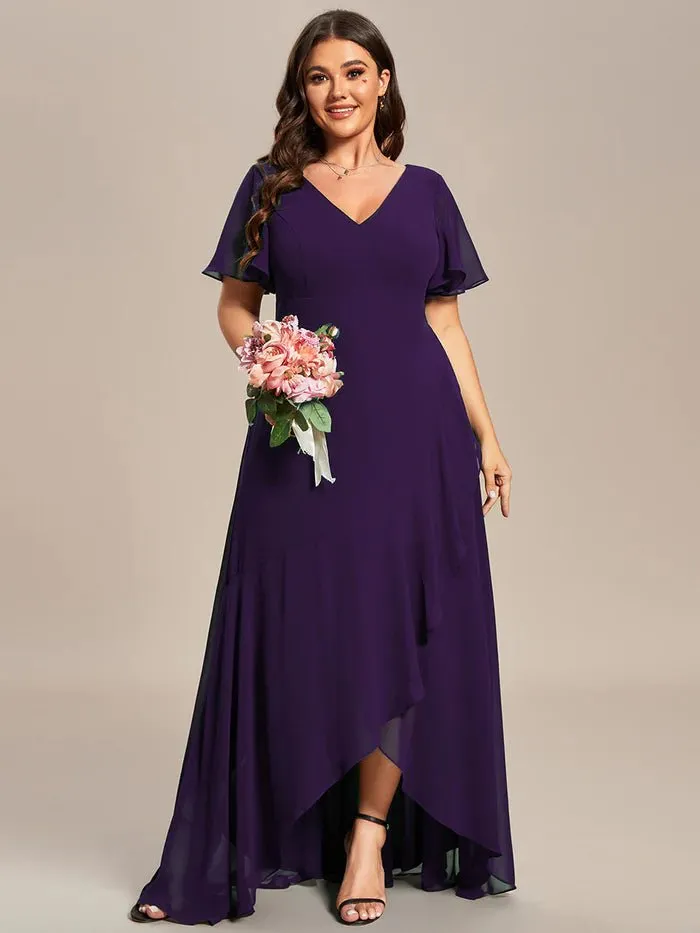 V Neck High Low Ruffles Chiffon Plus Size Evening Dress