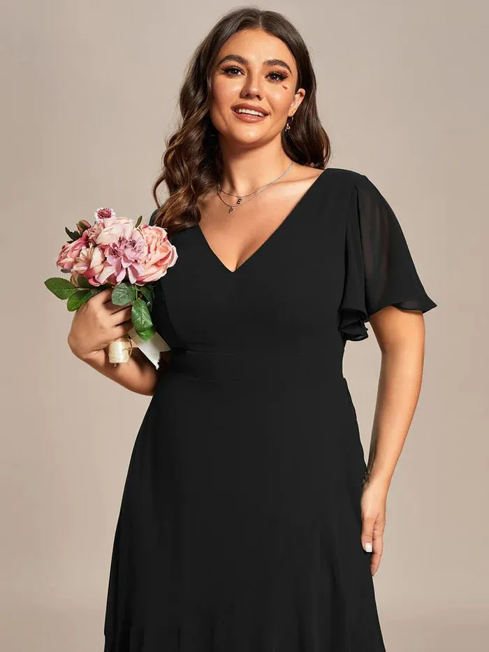 V Neck High Low Ruffles Chiffon Plus Size Evening Dress