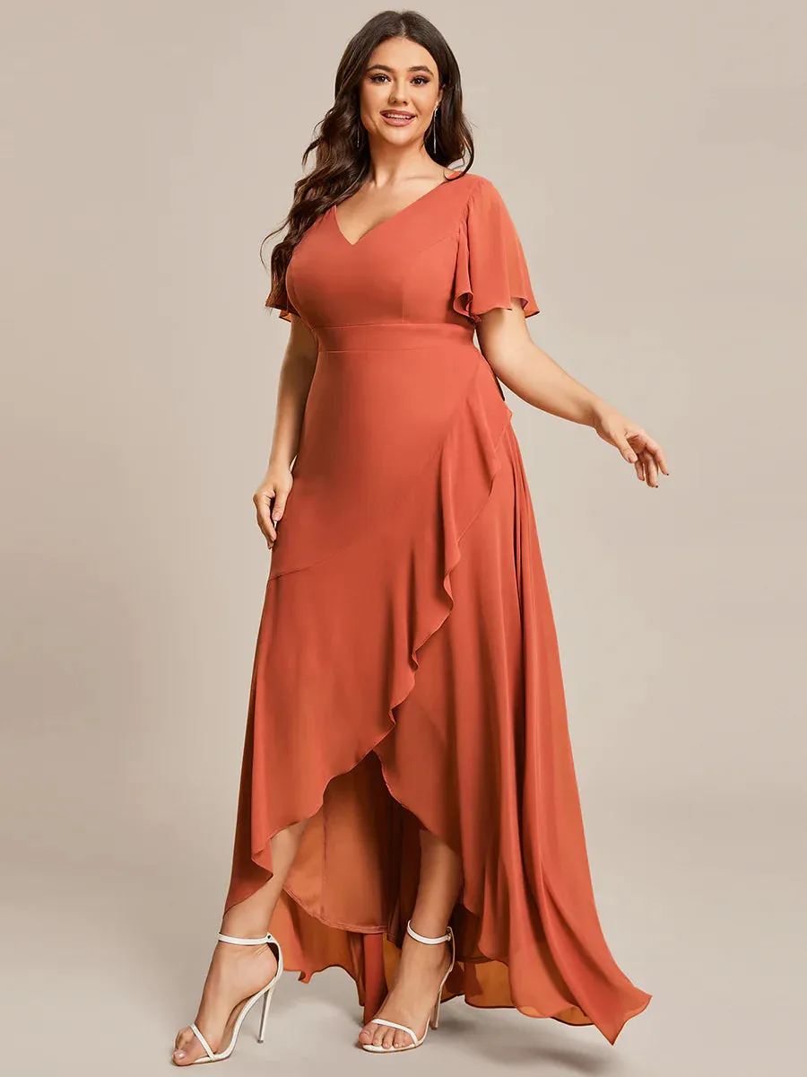 V Neck High Low Ruffles Chiffon Plus Size Evening Dress