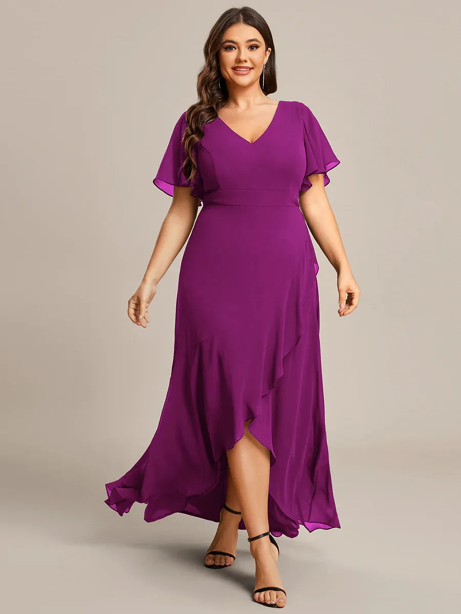 V Neck High Low Ruffles Chiffon Plus Size Evening Dress