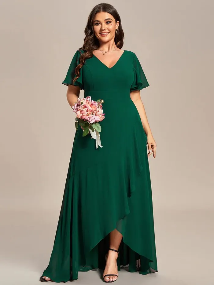 V Neck High Low Ruffles Chiffon Plus Size Evening Dress
