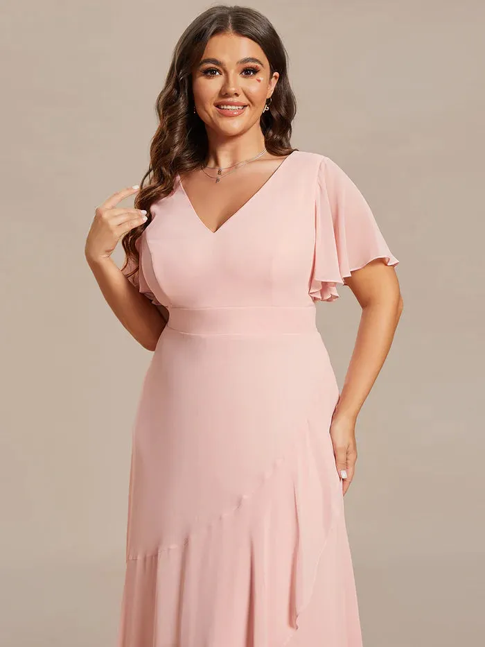 V Neck High Low Ruffles Chiffon Plus Size Evening Dress