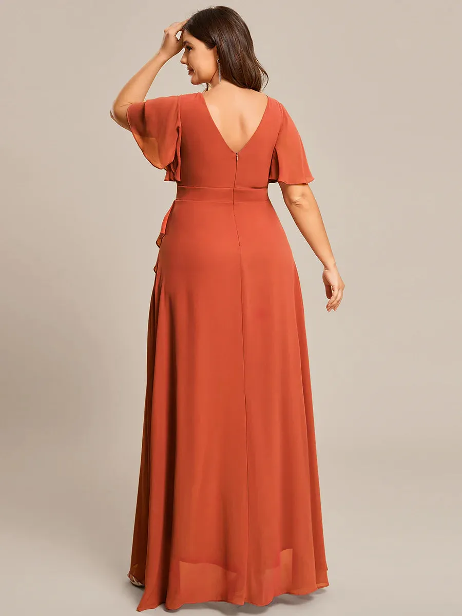 V Neck High Low Ruffles Chiffon Plus Size Evening Dress