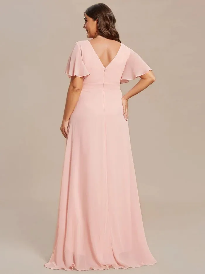 V Neck High Low Ruffles Chiffon Plus Size Evening Dress