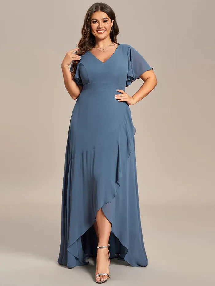 V Neck High Low Ruffles Chiffon Plus Size Evening Dress