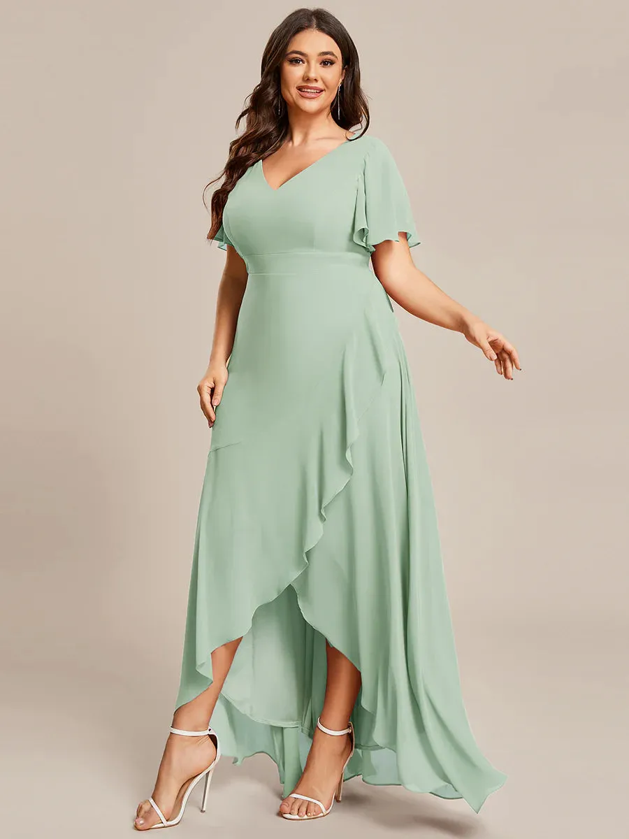 V Neck High Low Ruffles Chiffon Plus Size Evening Dress
