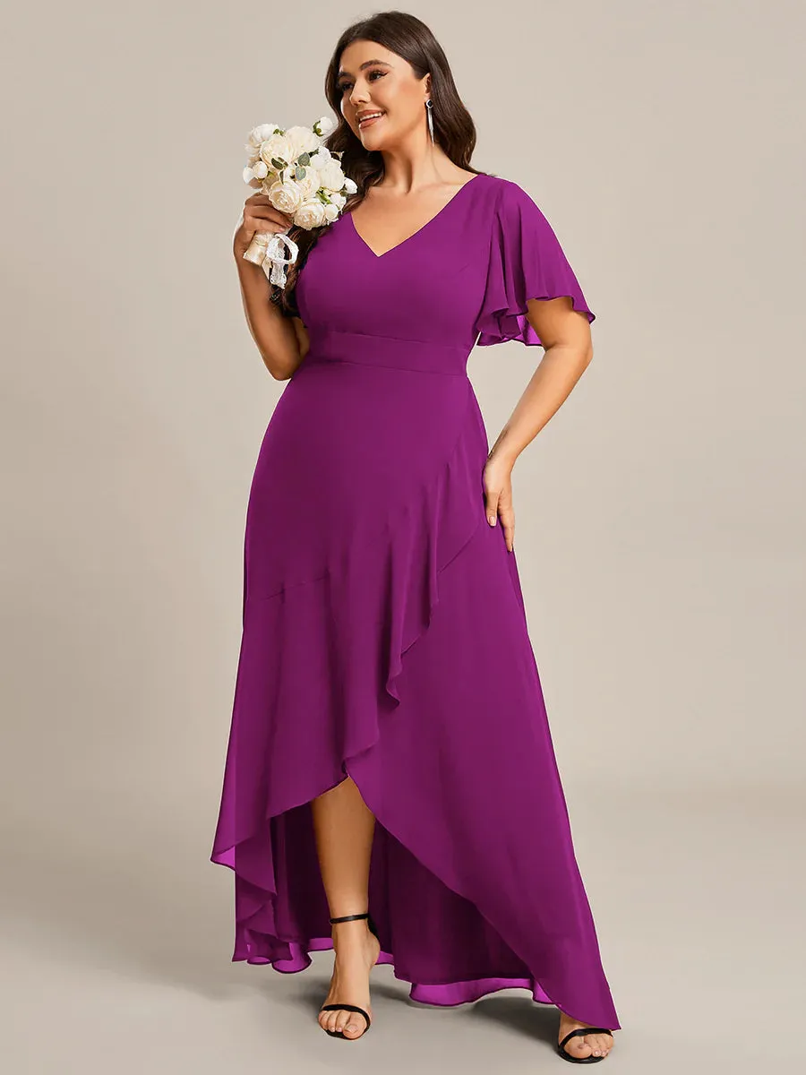V Neck High Low Ruffles Chiffon Plus Size Evening Dress