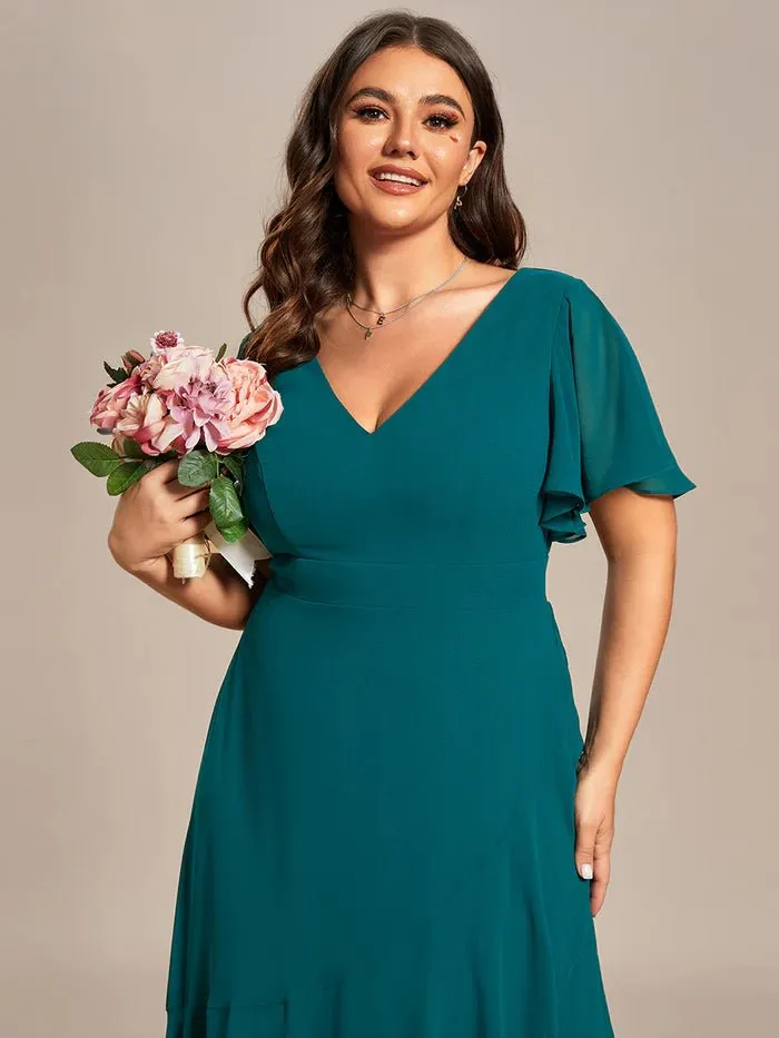 V Neck High Low Ruffles Chiffon Plus Size Evening Dress
