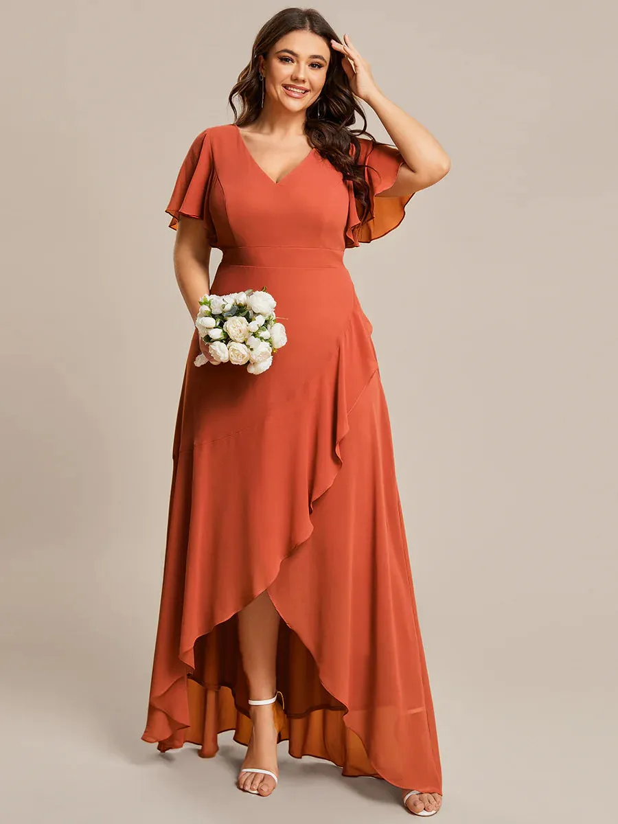 V Neck High Low Ruffles Chiffon Plus Size Evening Dress
