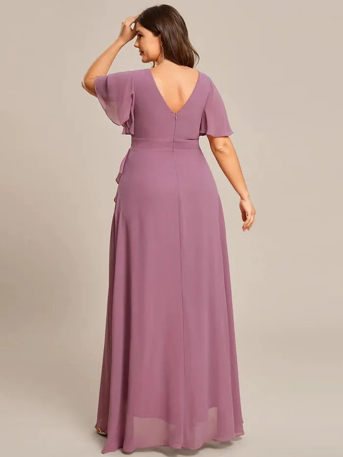 V Neck High Low Ruffles Chiffon Plus Size Evening Dress