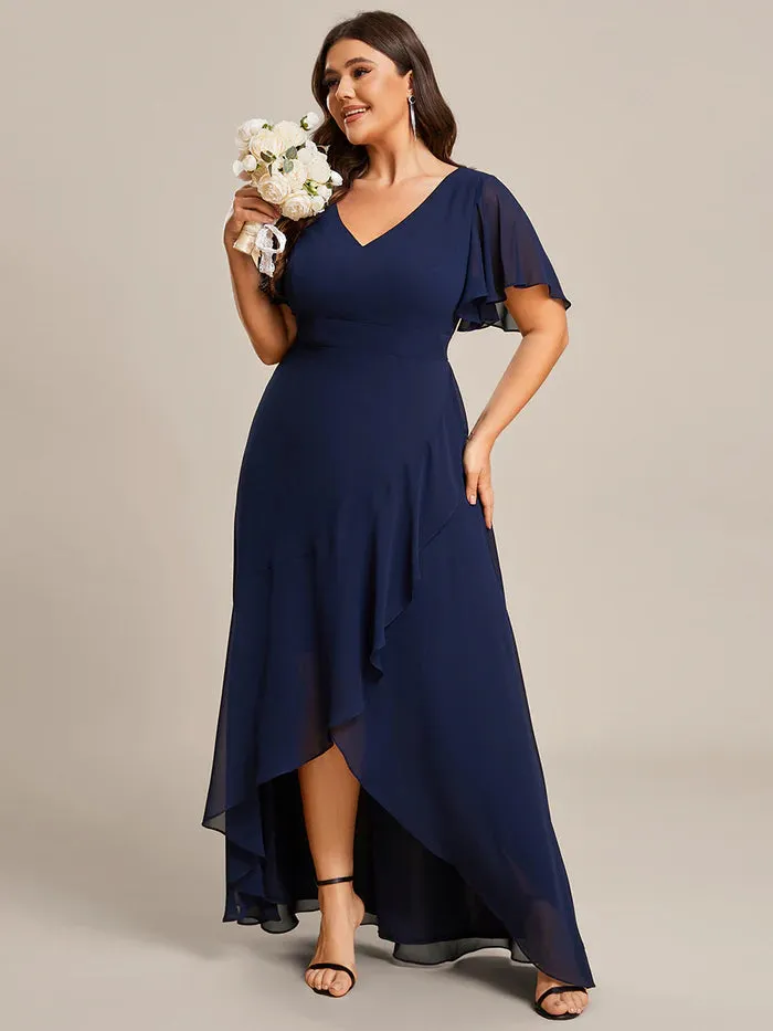 V Neck High Low Ruffles Chiffon Plus Size Evening Dress