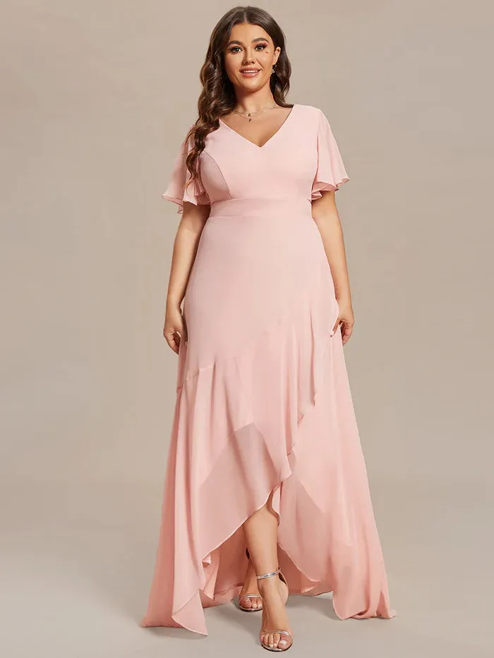 V Neck High Low Ruffles Chiffon Plus Size Evening Dress
