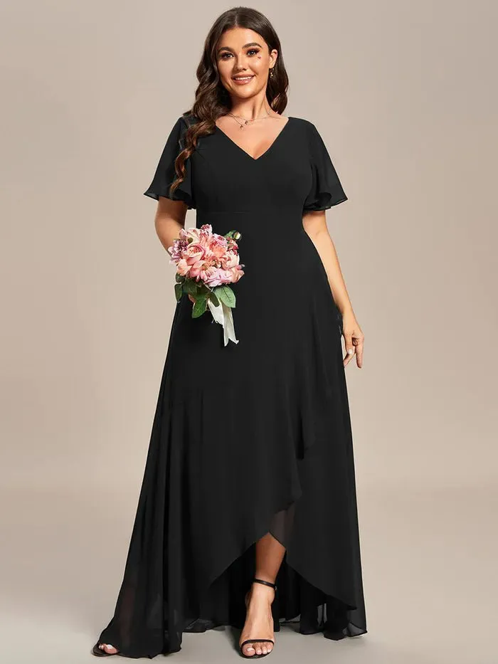 V Neck High Low Ruffles Chiffon Plus Size Evening Dress