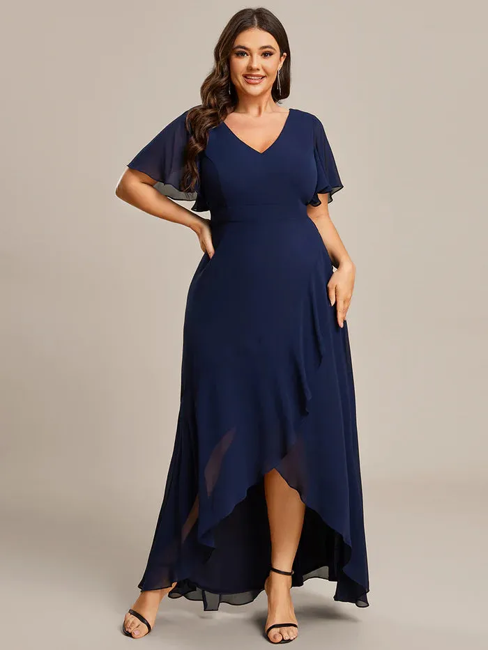 V Neck High Low Ruffles Chiffon Plus Size Evening Dress
