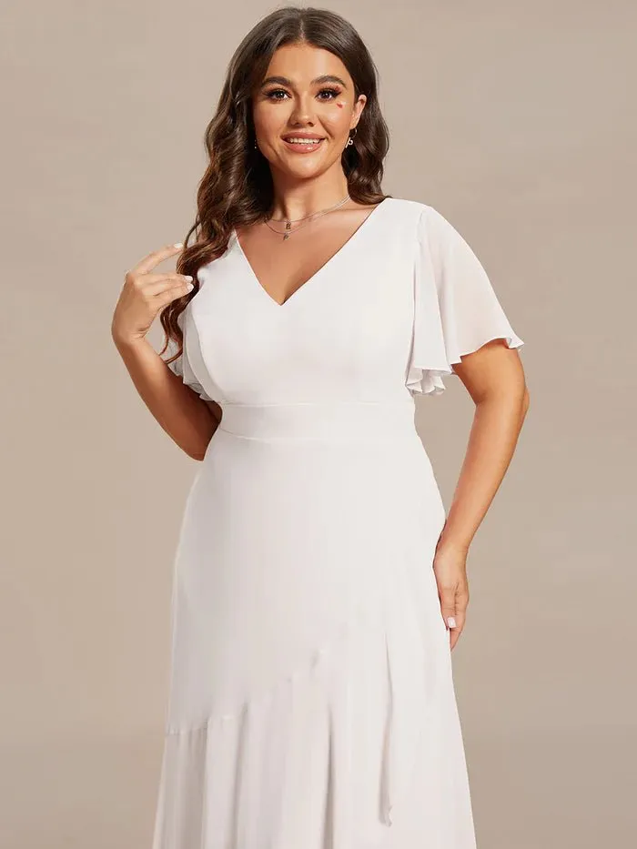 V Neck High Low Ruffles Chiffon Plus Size Evening Dress