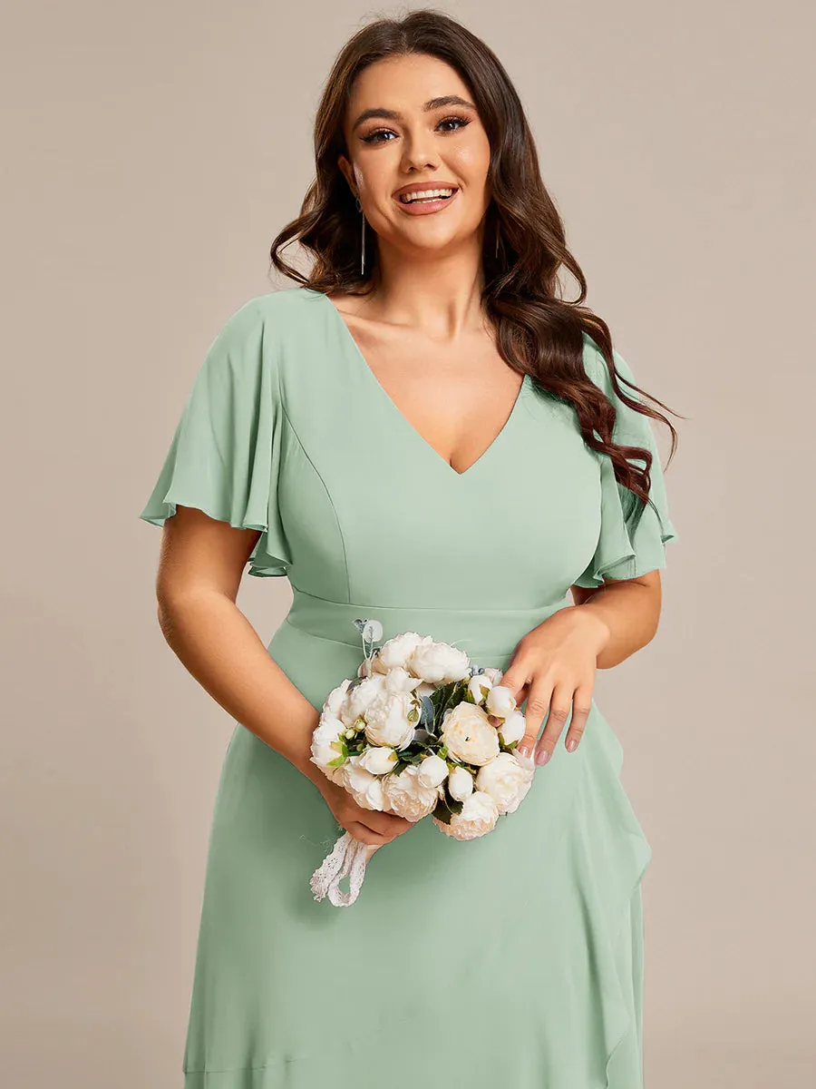 V Neck High Low Ruffles Chiffon Plus Size Evening Dress