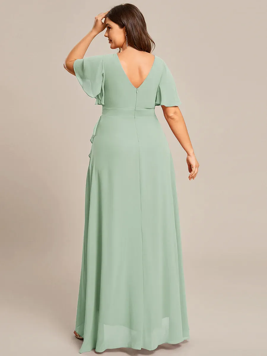 V Neck High Low Ruffles Chiffon Plus Size Evening Dress