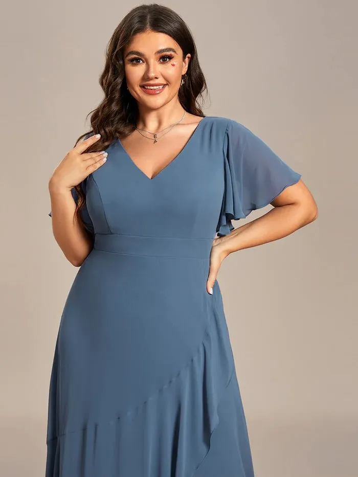 V Neck High Low Ruffles Chiffon Plus Size Evening Dress