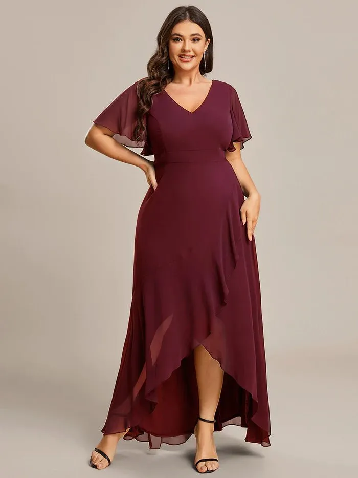 V Neck High Low Ruffles Chiffon Plus Size Evening Dress